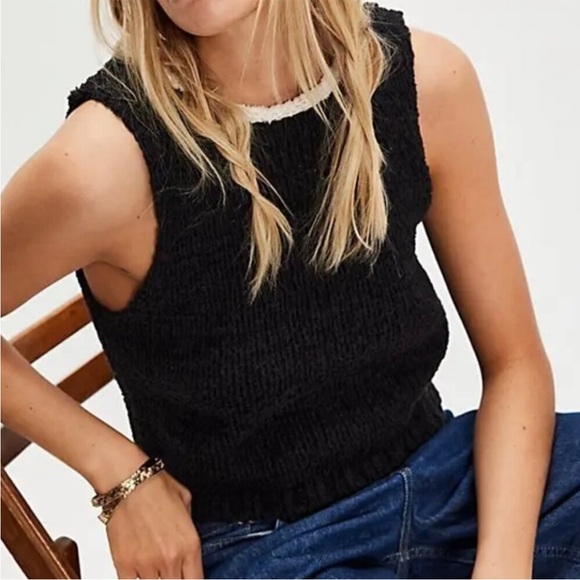 Free People‎ Sicily Shell Sweater Black Cream Knit Crop Reversible Small New - Picture 5 of 12